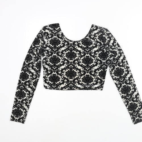 Glamorous Womens Black Geometric Polyester Cropped Blouse Size M Round Neck