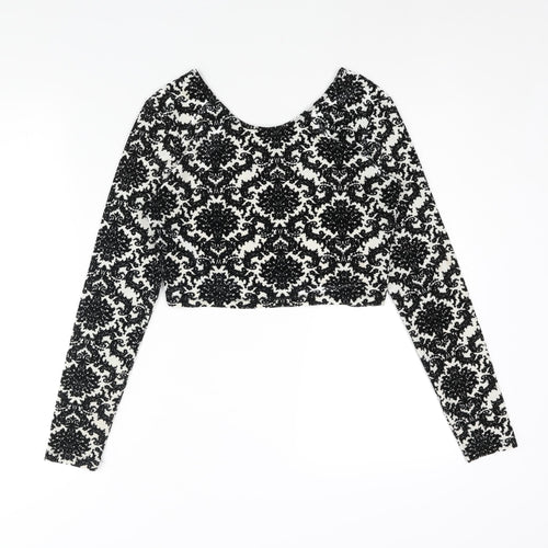 Glamorous Womens Black Geometric Polyester Cropped Blouse Size M Round Neck