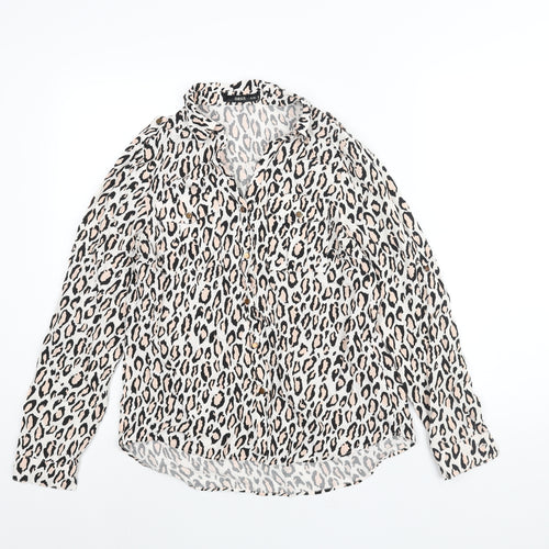Oasis Womens White Animal Print Viscose Basic Button-Up Size 12 Collared - Leopard Print