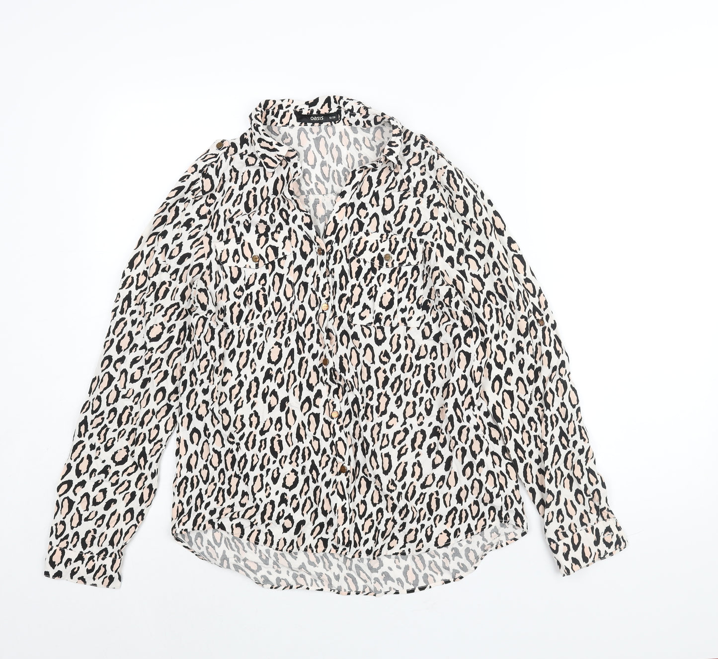 Oasis Womens White Animal Print Viscose Basic Button-Up Size 12 Collared - Leopard Print