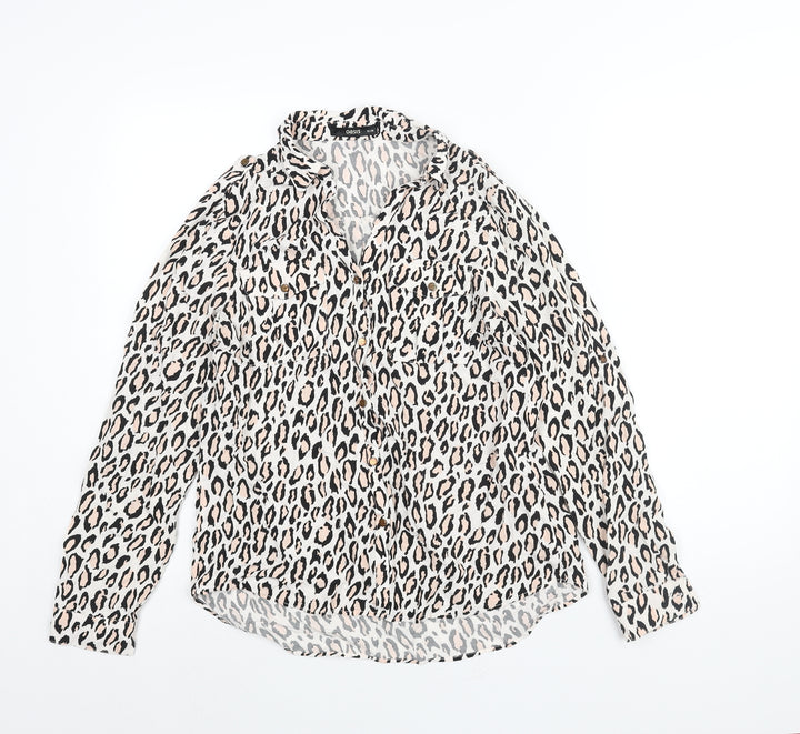 Oasis Womens White Animal Print Viscose Basic Button-Up Size 12 Collared - Leopard Print
