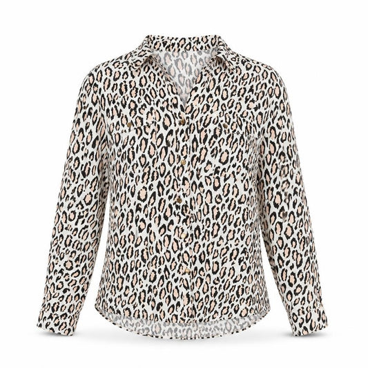 Front view of Oasis women’s white animal print viscose basic button-up, size UK 12, collared - leopard print