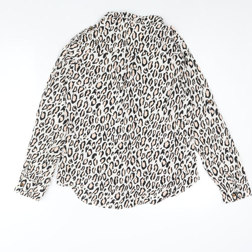 Oasis Womens White Animal Print Viscose Basic Button-Up Size 12 Collared - Leopard Print