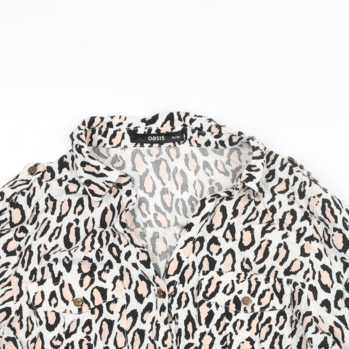 Oasis Womens White Animal Print Viscose Basic Button-Up Size 12 Collared - Leopard Print