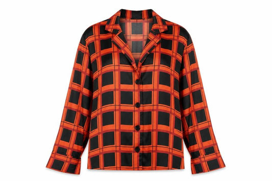 Front view of New Look women’s red check polyester basic blouse, size UK 8, collared