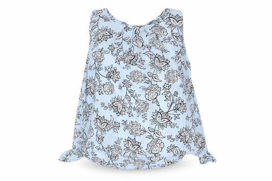 Front view of M&Co women’s blue floral polyester camisole blouse, size UK 12, round neck