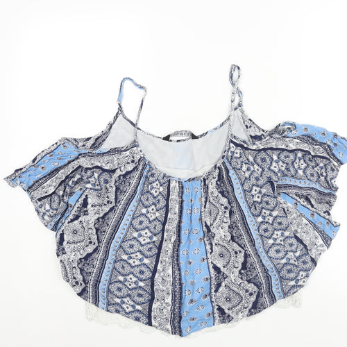 Selected Womens Blue Geometric Viscose Cropped Blouse Size 10 Scoop Neck - Lace Hem Cold Shoulder
