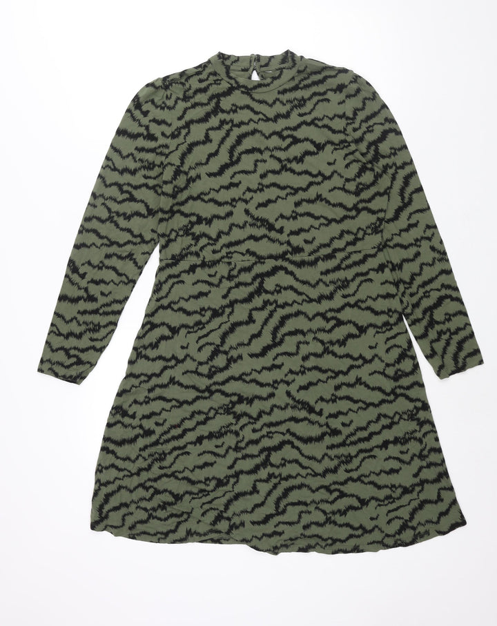 Marks and Spencer Womens Green Geometric Viscose Shift Size 14 Mock Neck Button
