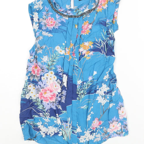 Oasis Womens Blue Floral Viscose Basic Blouse Size 8 Round Neck - Rhinestone Detail