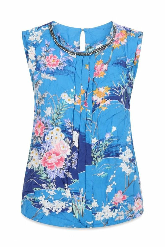 Front view of Oasis women’s blue floral viscose basic blouse, size UK 8, round neck - rhinestone detail