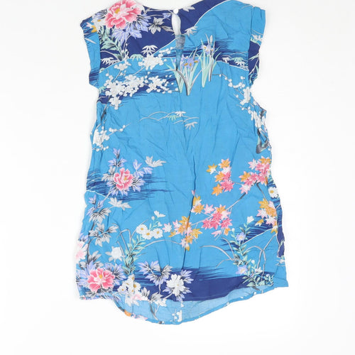 Oasis Womens Blue Floral Viscose Basic Blouse Size 8 Round Neck - Rhinestone Detail