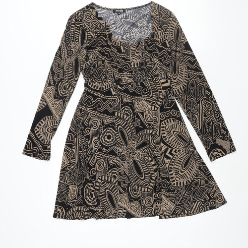 Stella Morgan Womens Brown Geometric Polyester A-Line Size 12 Round Neck Pullover - Belted