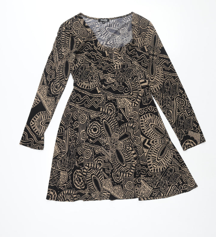 Stella Morgan Womens Brown Geometric Polyester A-Line Size 12 Round Neck Pullover - Belted