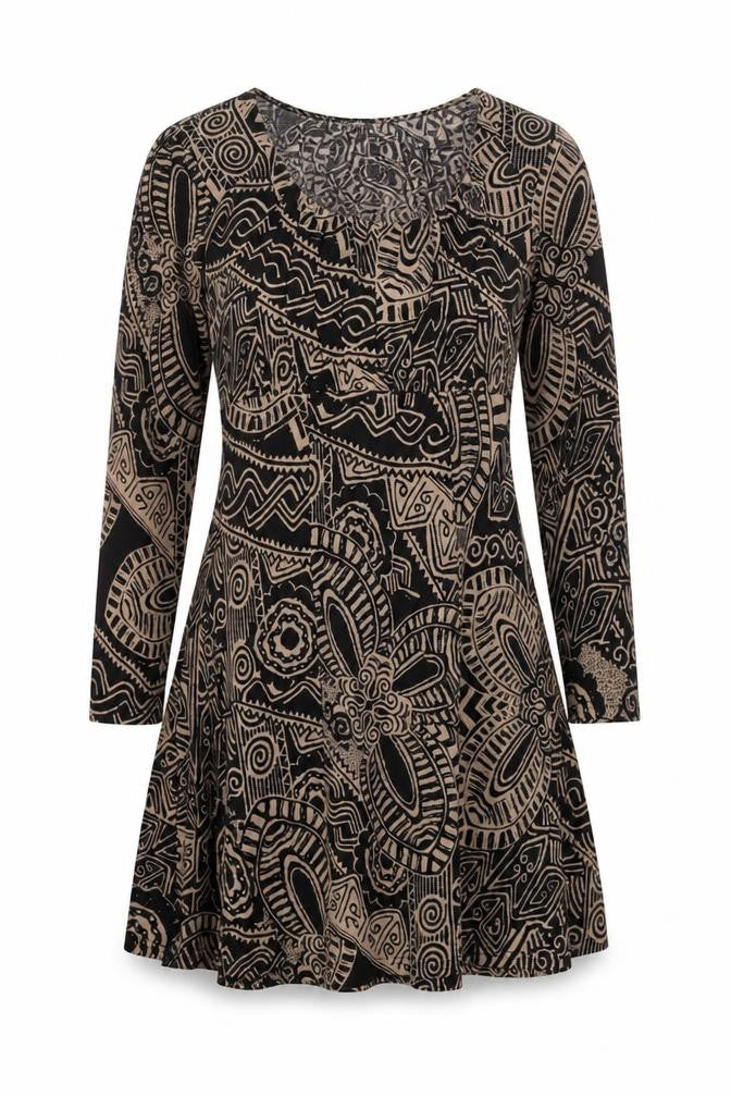 Front view of Stella Morgan women’s brown geometric polyester a-line, size UK 12, round neck pullover - belted