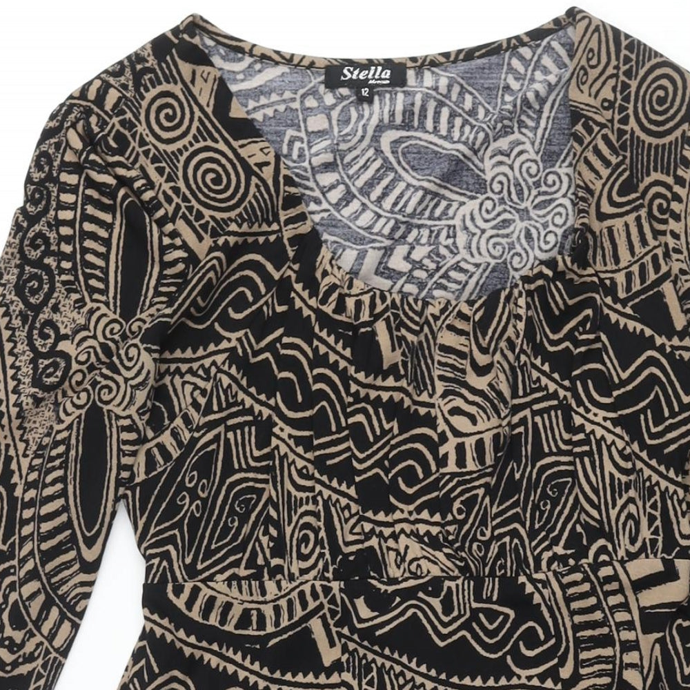 Stella Morgan Womens Brown Geometric Polyester A-Line Size 12 Round Neck Pullover - Belted