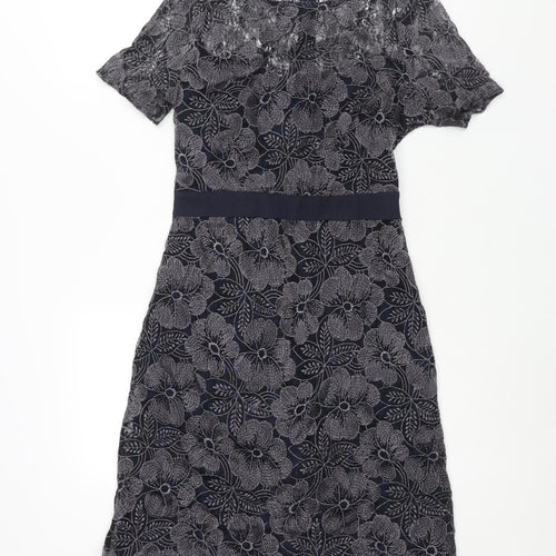Fenn Wright Manson Womens Blue Polyester Shift Size 8 Round Neck Zip - Belt Detail