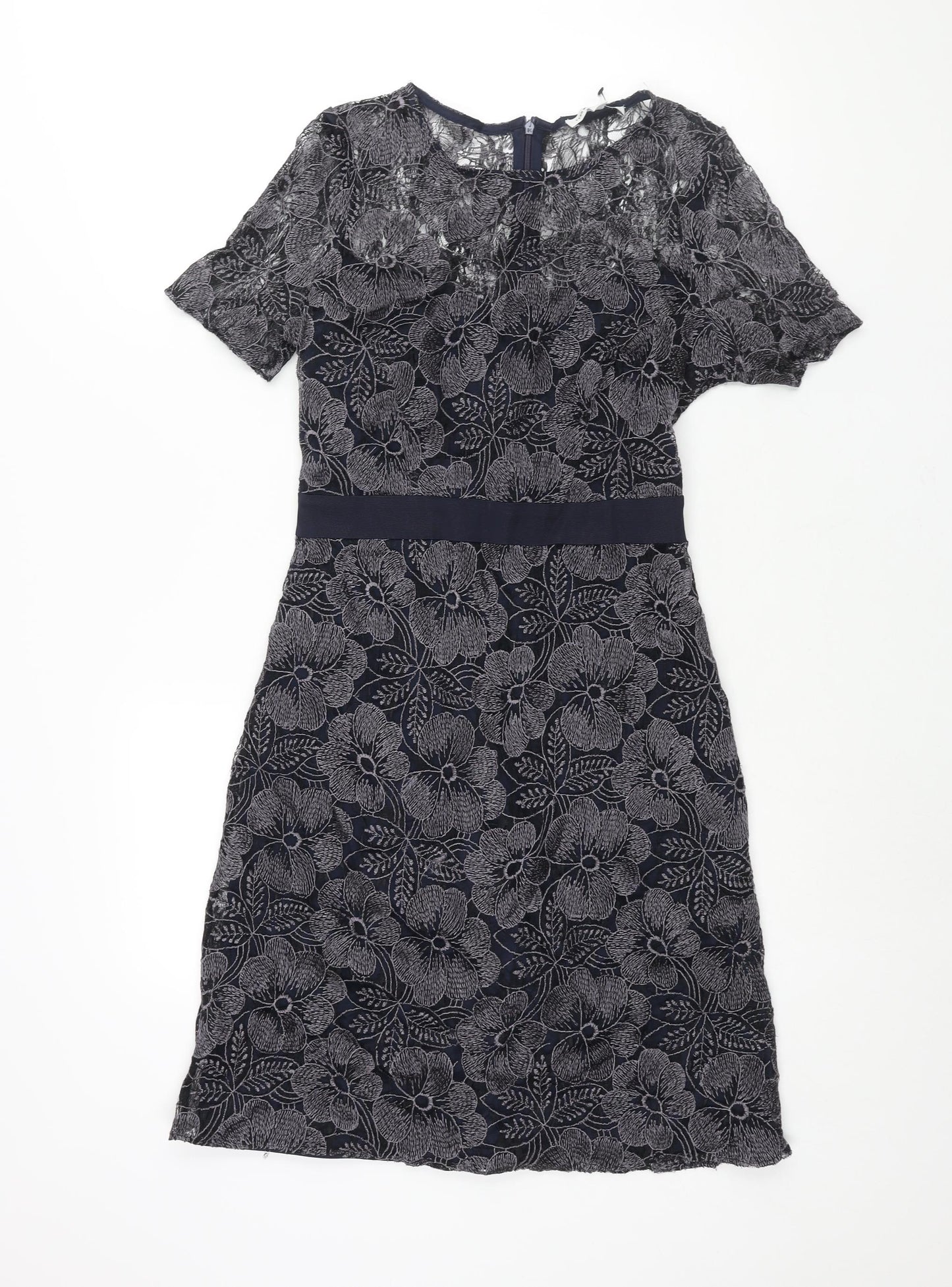 Fenn Wright Manson Womens Blue Polyester Shift Size 8 Round Neck Zip - Belt Detail