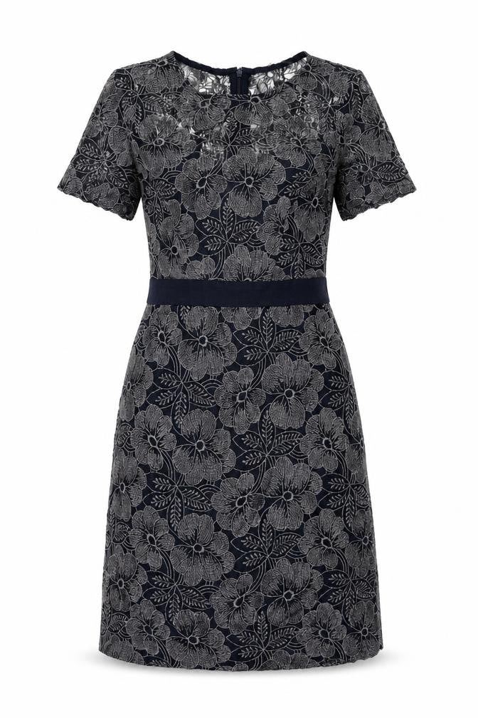 Front view of Fenn Wright Manson women’s blue polyester shift, size UK 8, round neck zip - belt detail