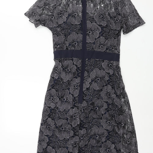 Fenn Wright Manson Womens Blue Polyester Shift Size 8 Round Neck Zip - Belt Detail