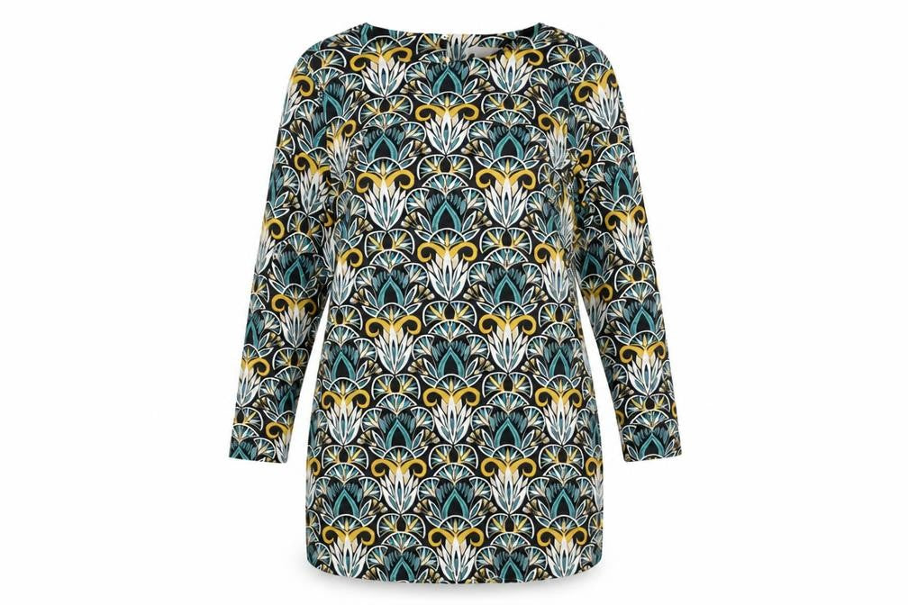 Front view of H&M women’s multicoloured geometric viscose shift, size UK 12, round neck button