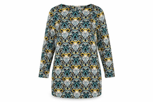 Front view of H&M women’s multicoloured geometric viscose shift, size UK 12, round neck button