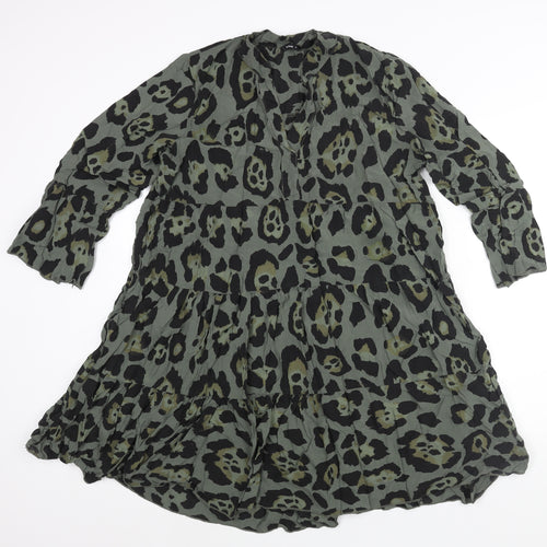 Roman Womens Green Animal Print Viscose Shift Size M V-Neck Pullover - Smocked Jaguar Print