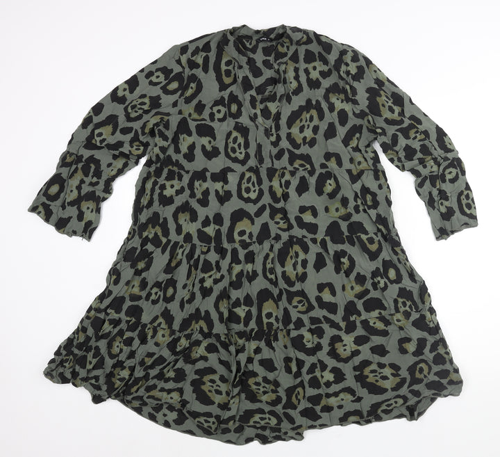 Roman Womens Green Animal Print Viscose Shift Size M V-Neck Pullover - Smocked Jaguar Print