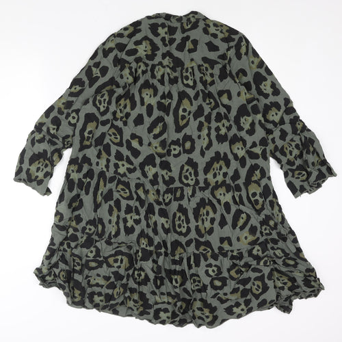 Roman Womens Green Animal Print Viscose Shift Size M V-Neck Pullover - Smocked Jaguar Print