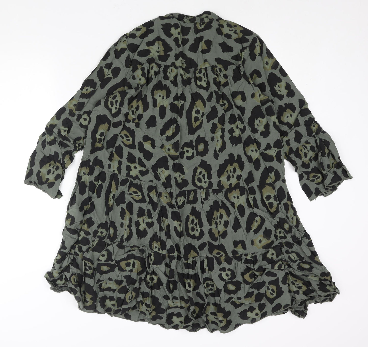 Roman Womens Green Animal Print Viscose Shift Size M V-Neck Pullover - Smocked Jaguar Print