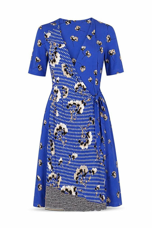 Front view of Next women’s blue geometric polyester wrap dress, size UK 6, v-neck button