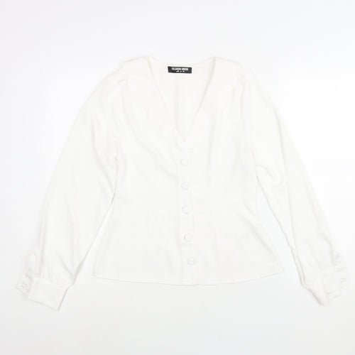 Fashion Union Womens White Polyester Basic Button-Up Size 8 V-Neck - Frill