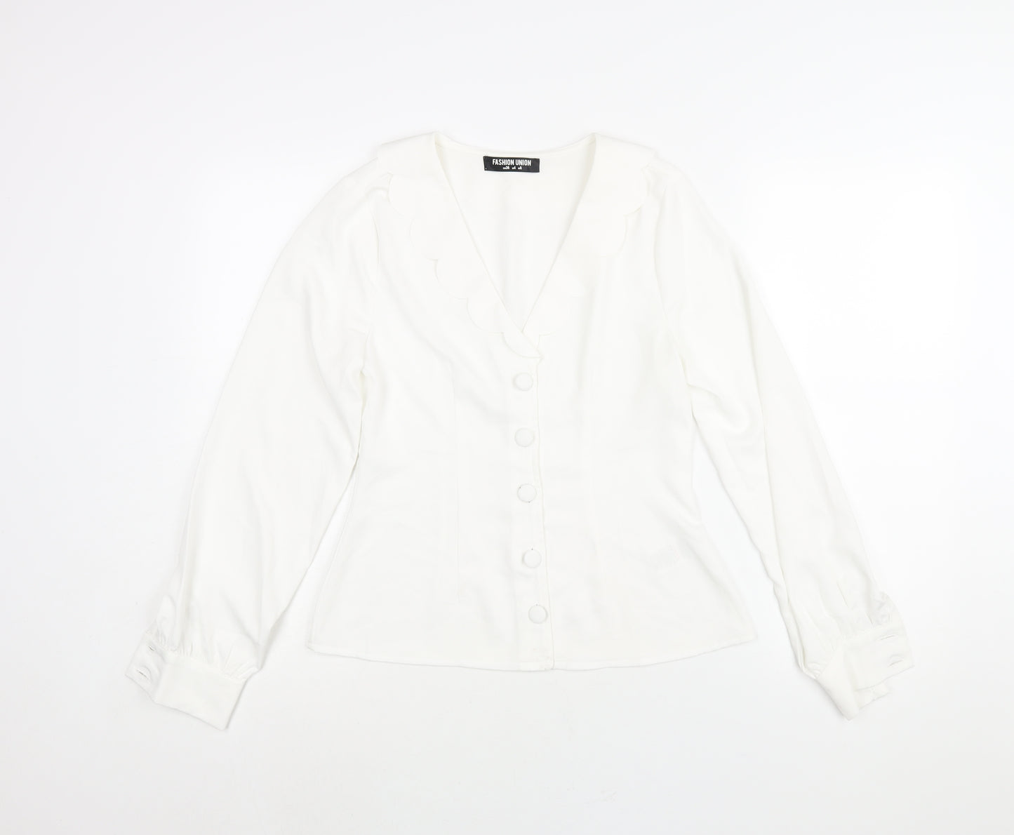 Fashion Union Womens White Polyester Basic Button-Up Size 8 V-Neck - Frill