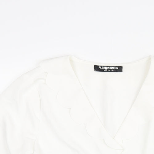 Fashion Union Womens White Polyester Basic Button-Up Size 8 V-Neck - Frill
