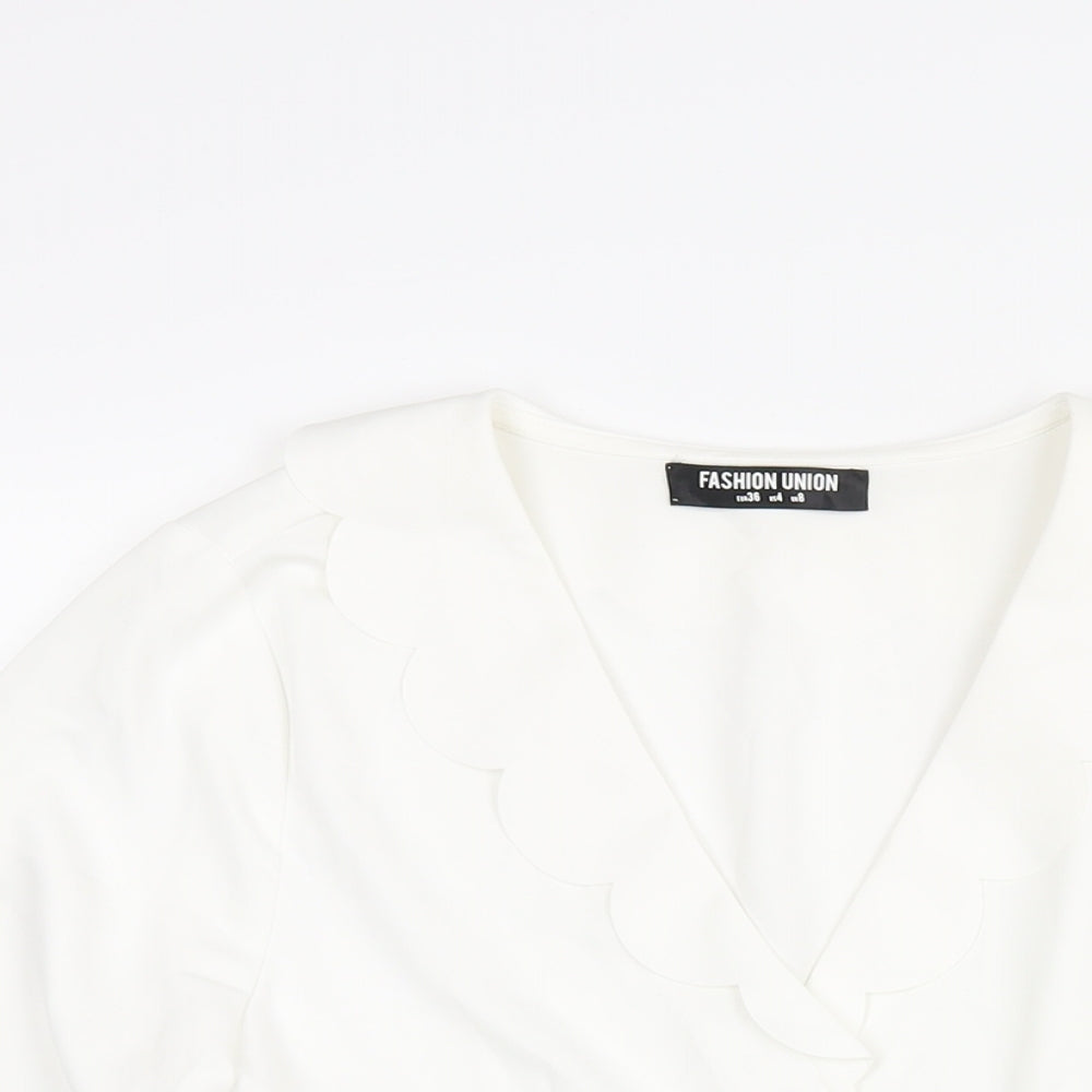 Fashion Union Womens White Polyester Basic Button-Up Size 8 V-Neck - Frill