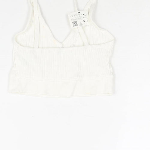 Zara Womens White Cotton Cropped Blouse Size S V-Neck
