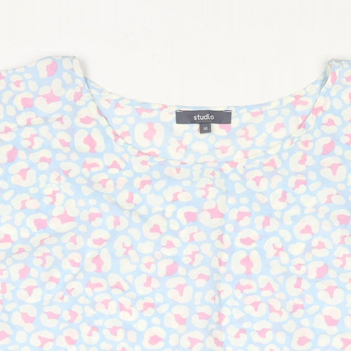 Studio Womens Blue Animal Print Polyester Tunic Blouse Size 16 Round Neck - Frill Leopard Print