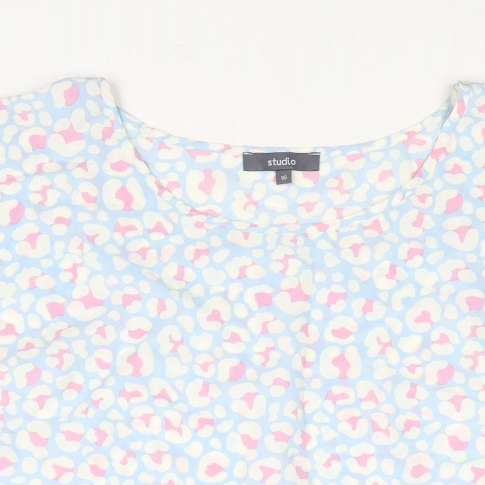 Studio Womens Blue Animal Print Polyester Tunic Blouse Size 16 Round Neck - Frill Leopard Print
