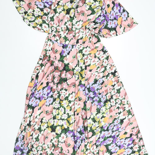 Oasis Womens Multicoloured Floral Polyester A-Line Size S Round Neck Button