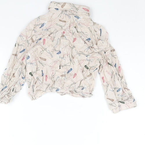 Zara Womens Beige Geometric Viscose Cropped Blouse Size S Collared - Twist Detail