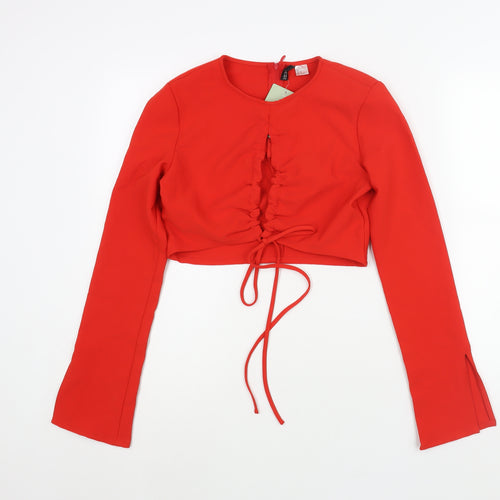 Divided by H&M Womens Red Polyester Basic Blouse Size 12 Round Neck - Drawstring Cut Out