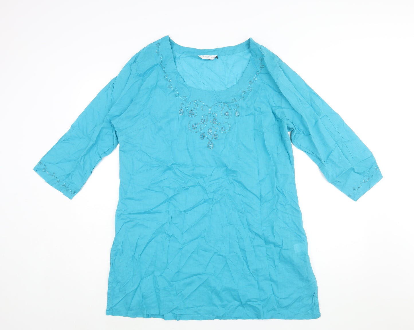 New Look Womens Blue Cotton Tunic Blouse Size 18 Round Neck - Beading Detail Side Slits