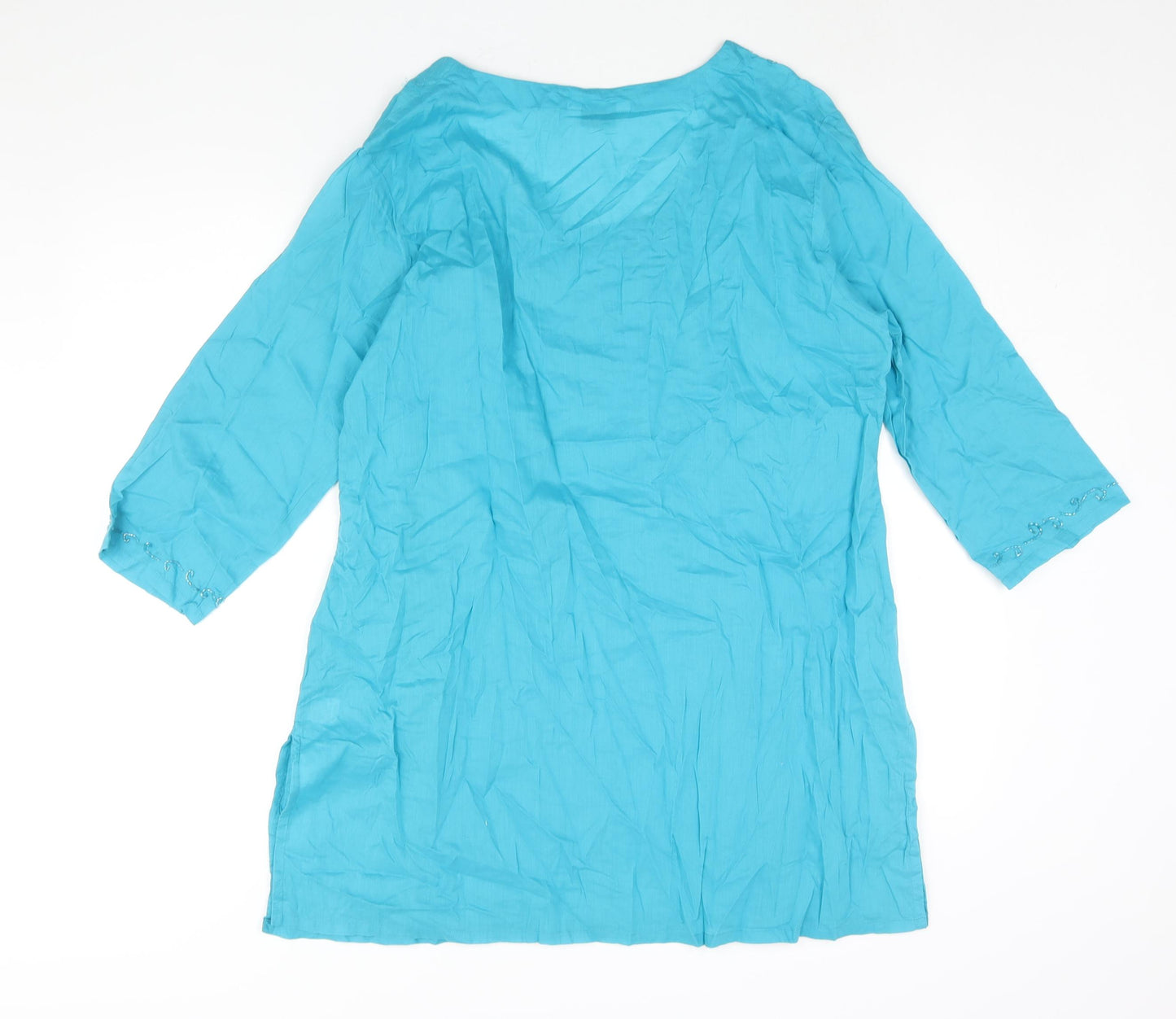 New Look Womens Blue Cotton Tunic Blouse Size 18 Round Neck - Beading Detail Side Slits