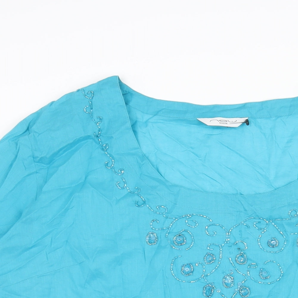 New Look Womens Blue Cotton Tunic Blouse Size 18 Round Neck - Beading Detail Side Slits