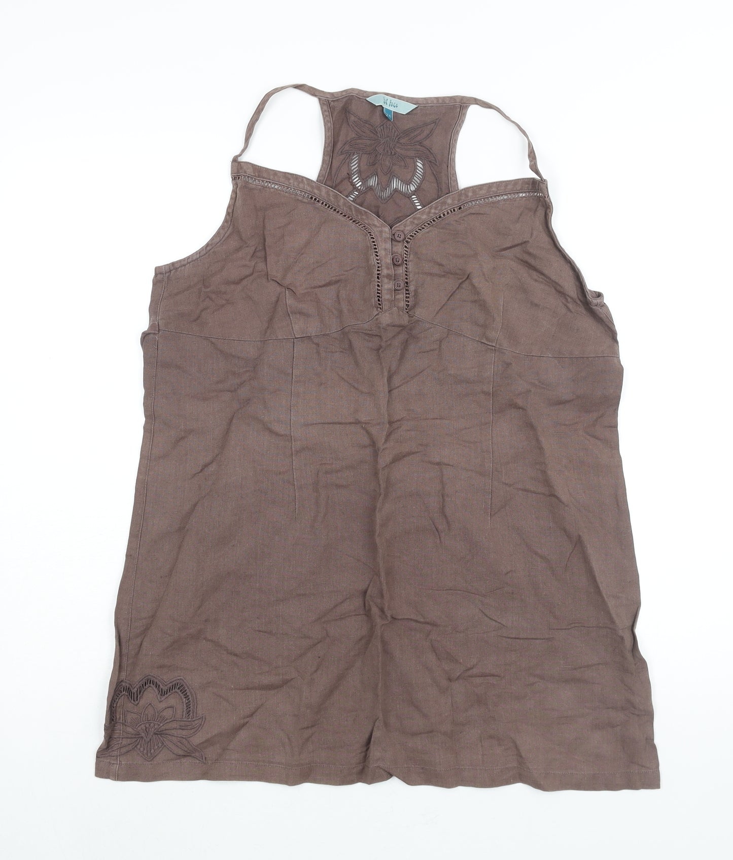 Fat Face Womens Brown Linen Camisole Blouse Size 14 Sweetheart - Embroidered Detail