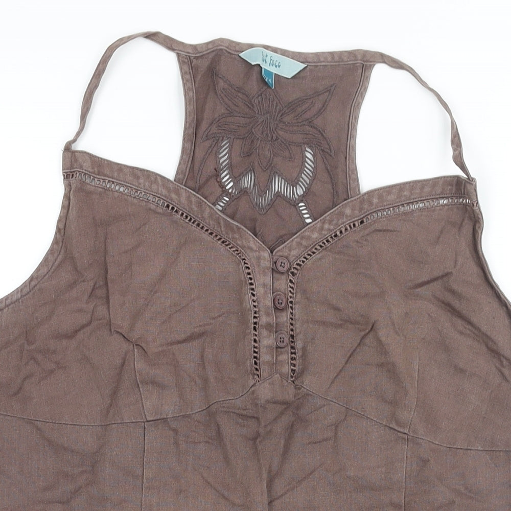 Fat Face Womens Brown Linen Camisole Blouse Size 14 Sweetheart - Embroidered Detail