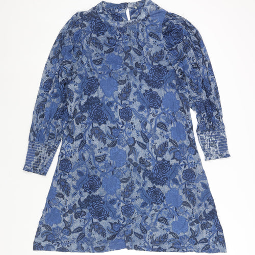 NEXT Womens Blue Floral Viscose Shift Size 12 Mock Neck Button