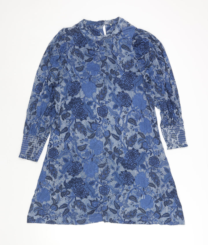 NEXT Womens Blue Floral Viscose Shift Size 12 Mock Neck Button