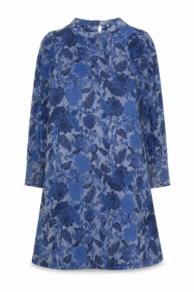 Front view of Next women’s blue floral viscose shift, size UK 12, mock neck button