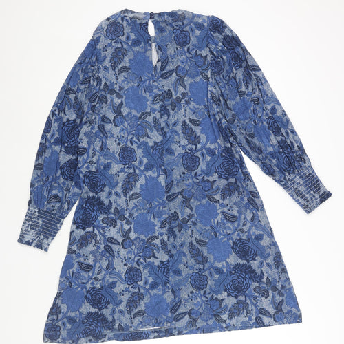 NEXT Womens Blue Floral Viscose Shift Size 12 Mock Neck Button