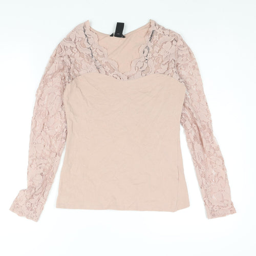 H&M Womens Pink Cotton Basic Blouse Size S V-Neck - Lace